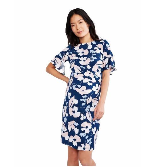 Taylor A Pea in the Pod Flutter Sleeve Blue and Pink Floral Maternity Dress Med - Picture 1 of 8